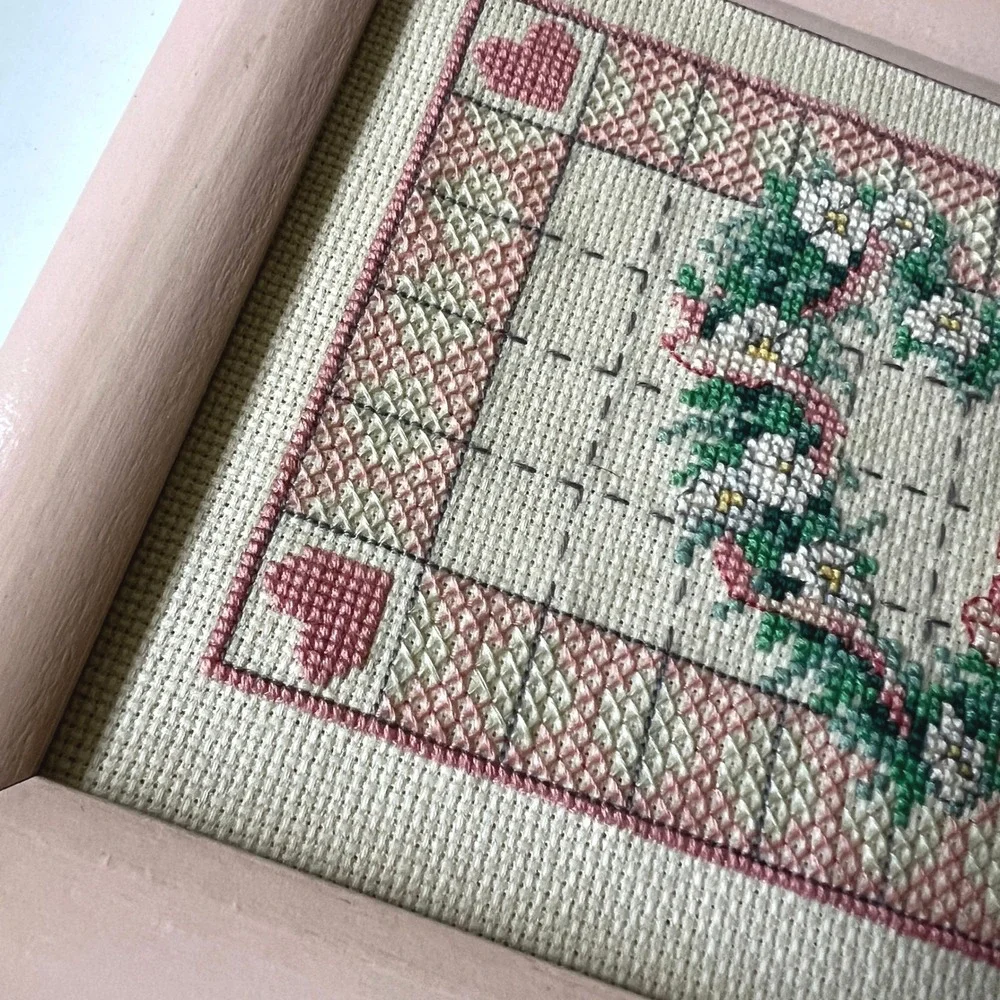 Vintage Framed Floral Heart Cross Stitch Needlepoint Wall Art Pink Cottagecore